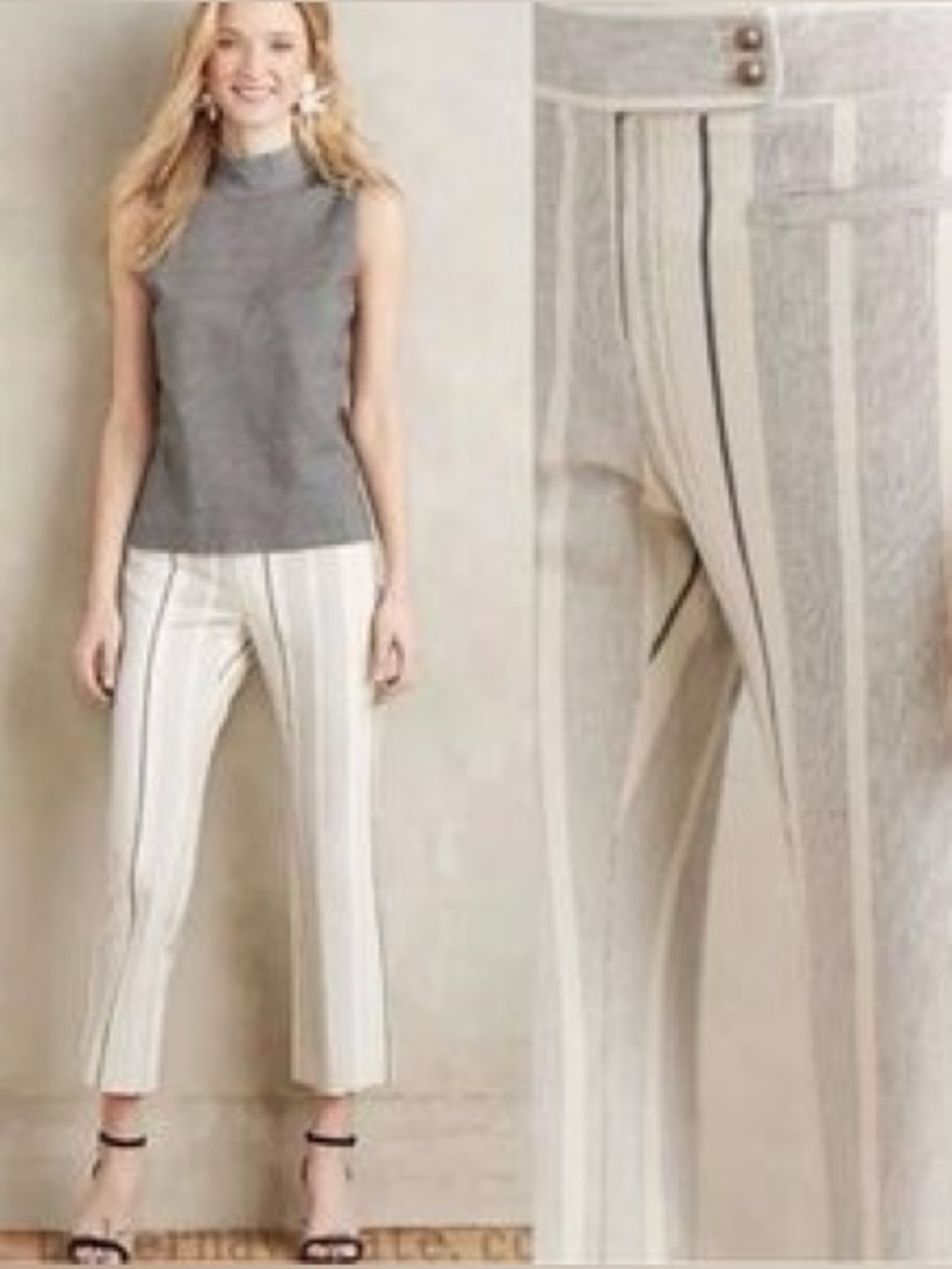 Anthropologie Cartonnier Striped Pants Charlie Ivory Navy Cropped Trousers 0